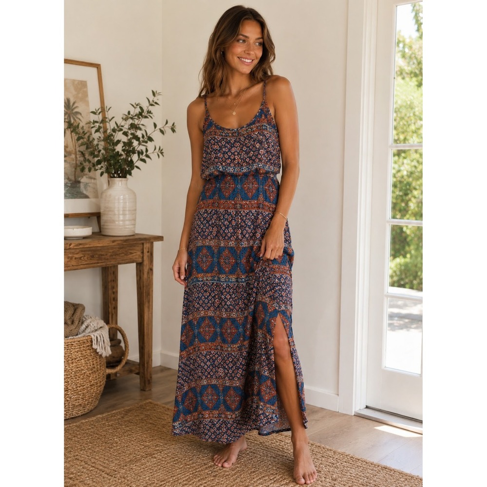 Carolina Belle Women Southwestern Maxi Dress 10 Multicolor Boho Medallion Resort